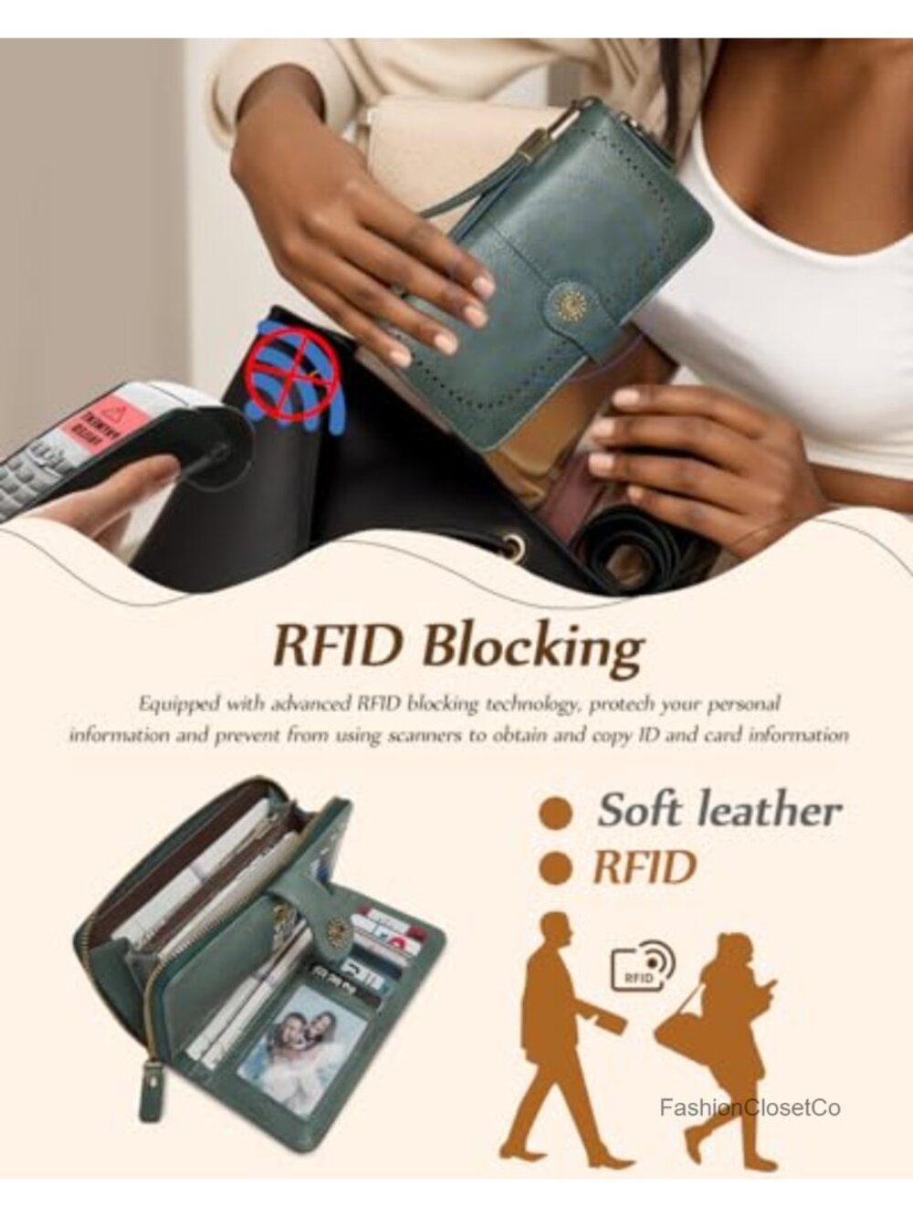 RFID Blocking Vegan Leather Large Capacity Wristlet Wallet with Detachable Strap - Picture 4 of 6